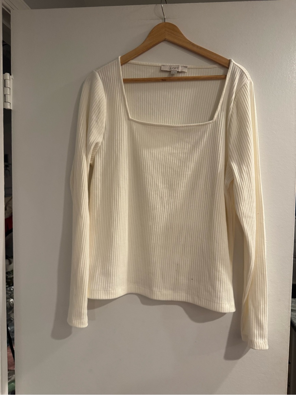 LOFT Cream Ribbed Square Neck Long Sleeve Top XL | Neutral Stretch Knit Basic